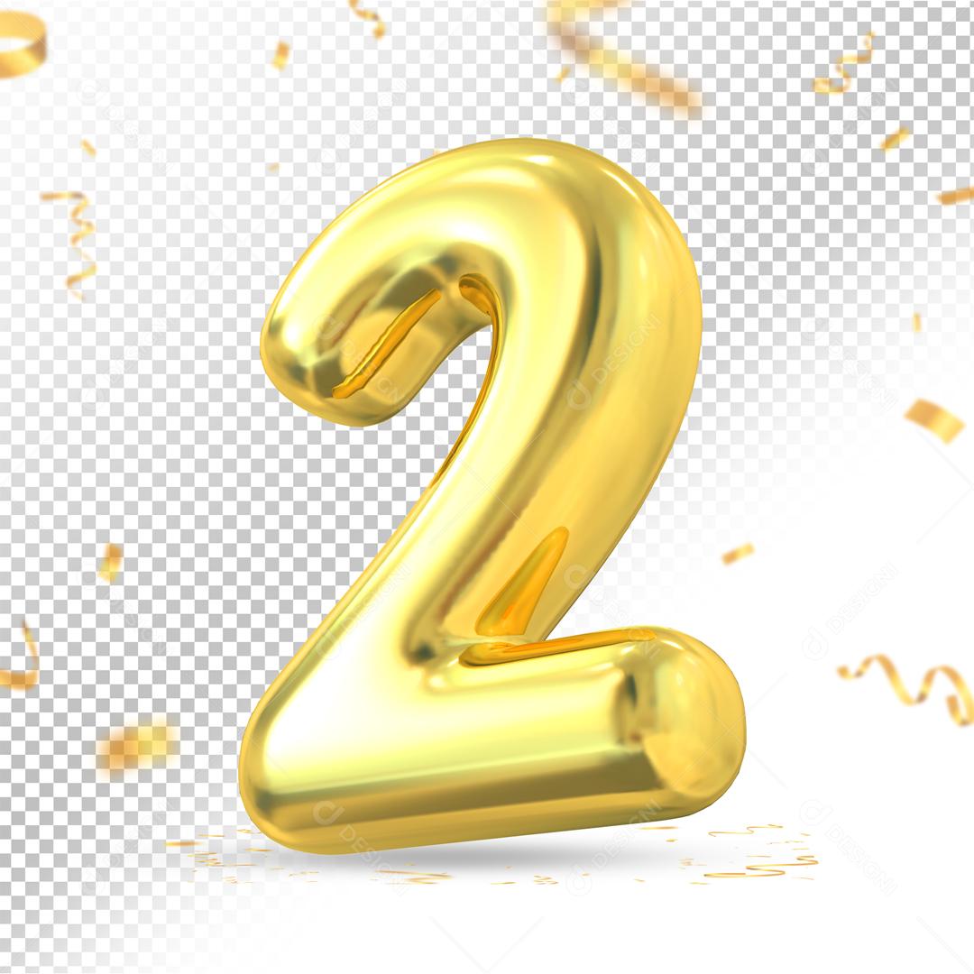 Número 3D 2 Dourado Para composição PSD