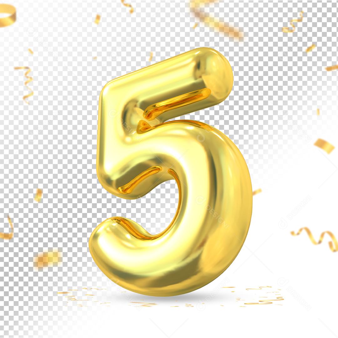 Número 5 Dourado 3D Para composição PSD