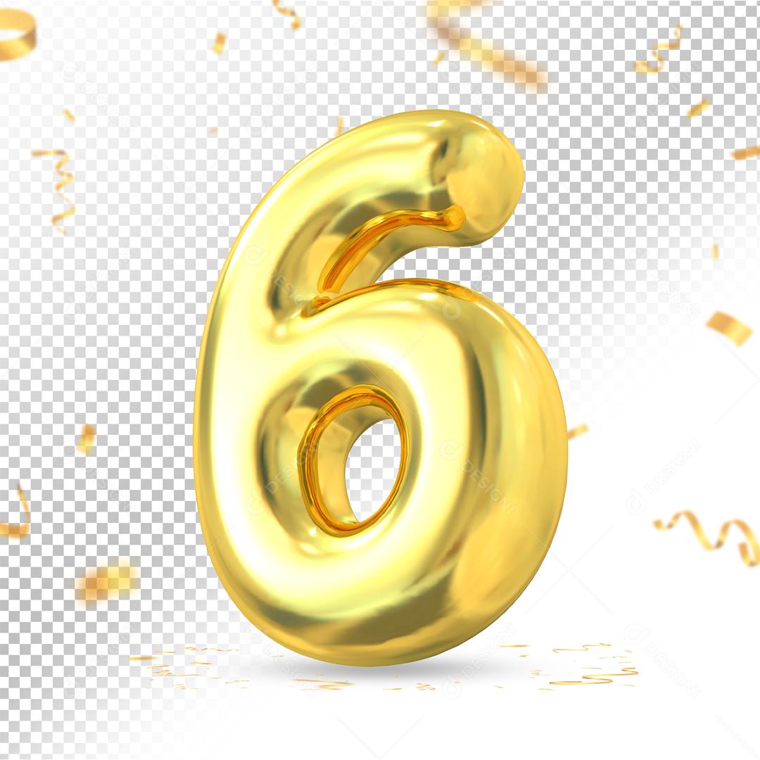 Número 6 Dourado 3D Para composição PSD