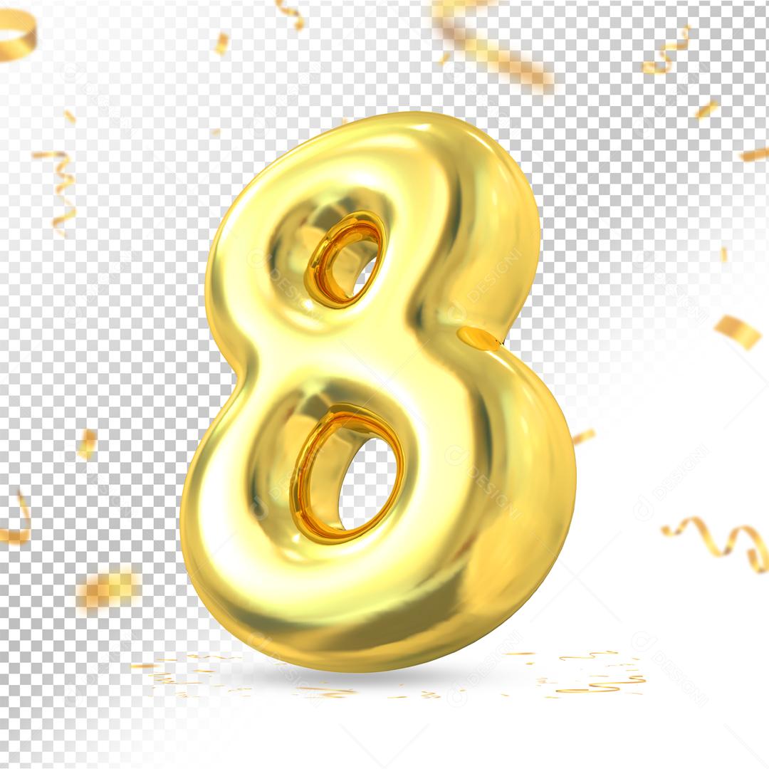 Número 8 Dourado 3D Para composição PSD