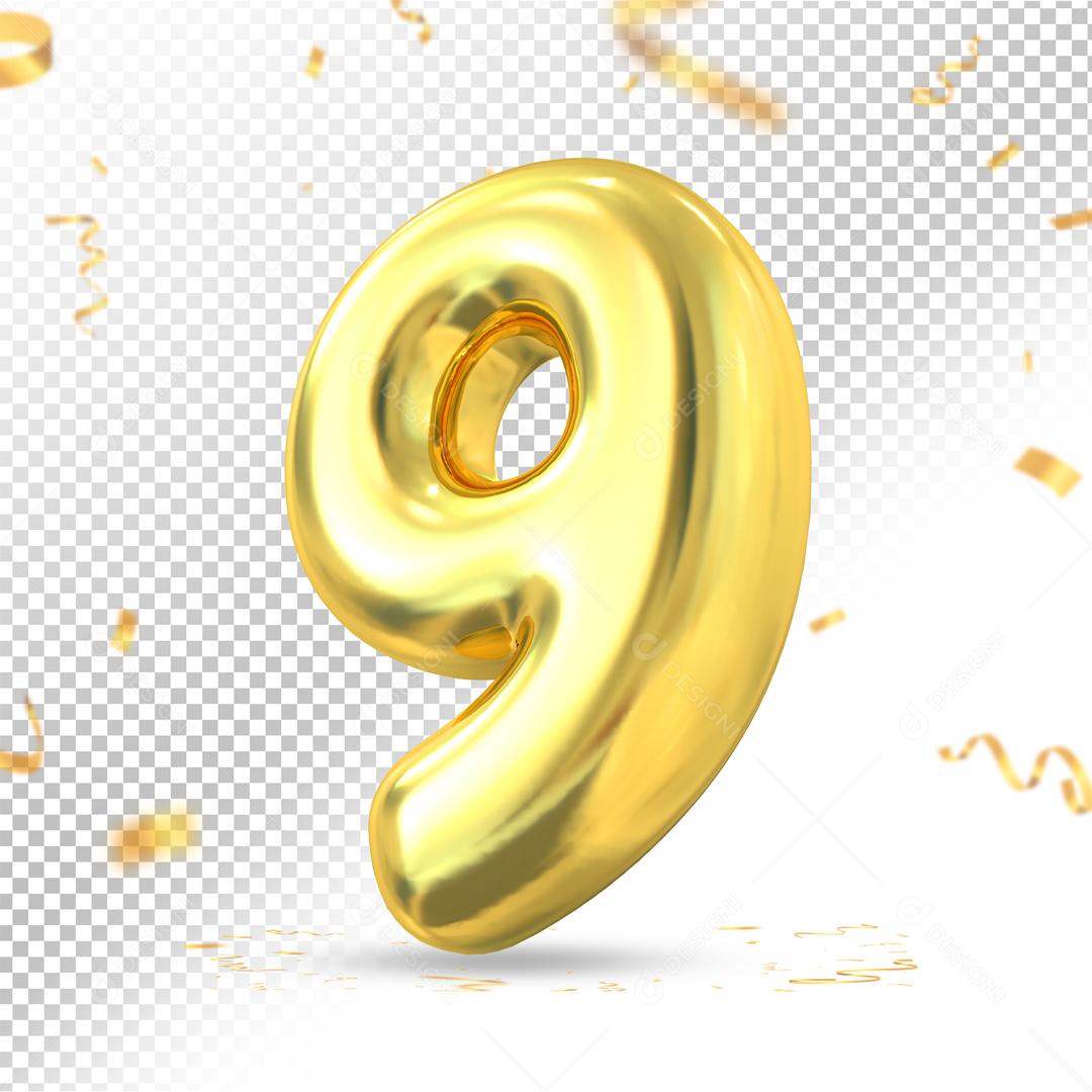 Número 9 Dourado 3D Para composição PSD