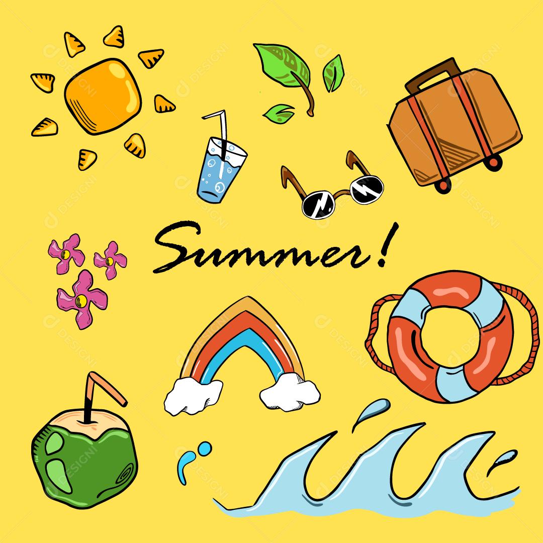 Conjunto de ilustrações com tema de verão Vetor EPS