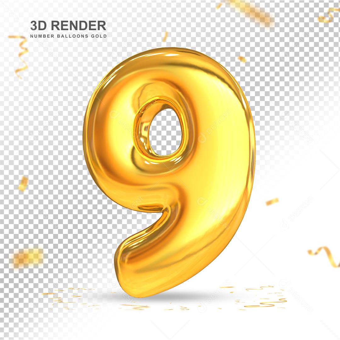 Número 3D 9 Dourado Para composição PSD