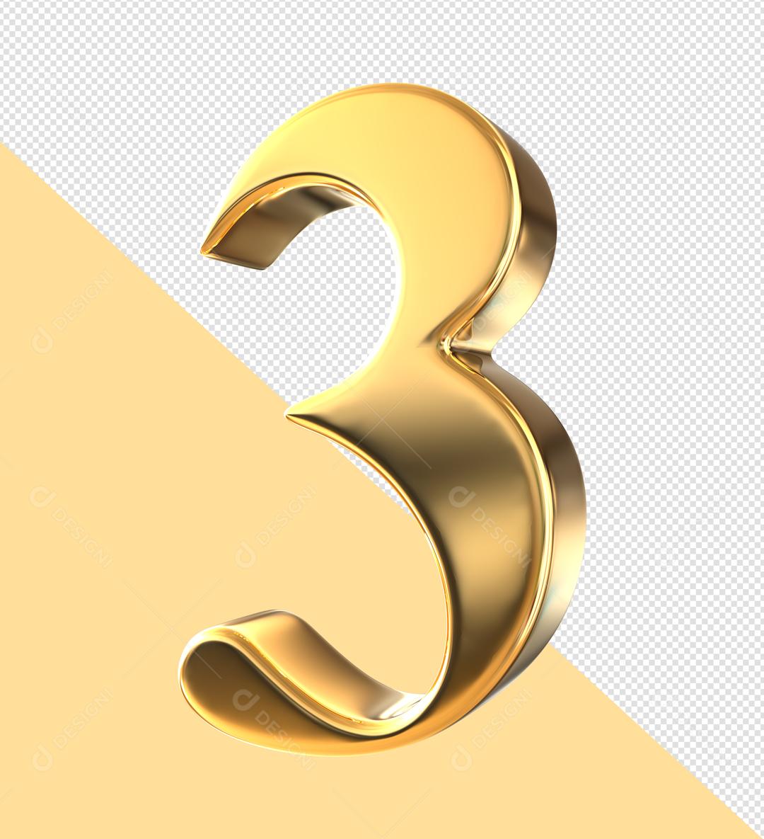 Golden 3D Number 3 For Composition PSD