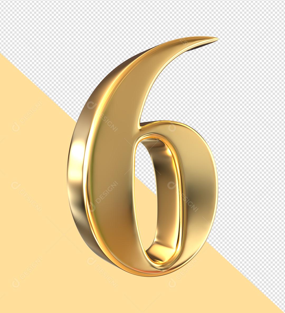 Golden 3D Number 6 For Composition PSD