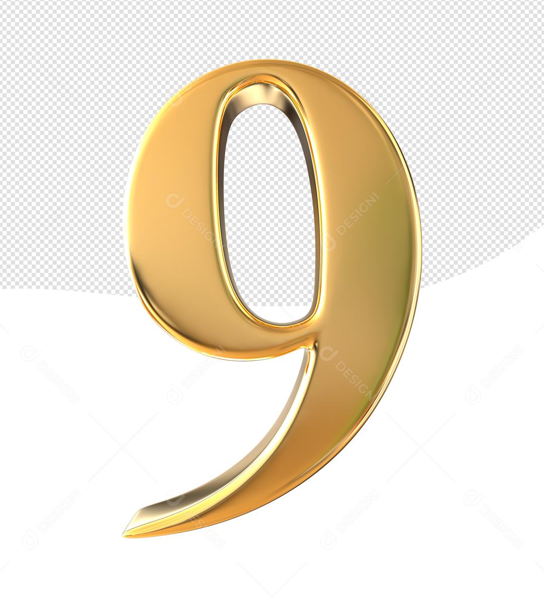 Número 3D 9 Dourado Para composição PSD