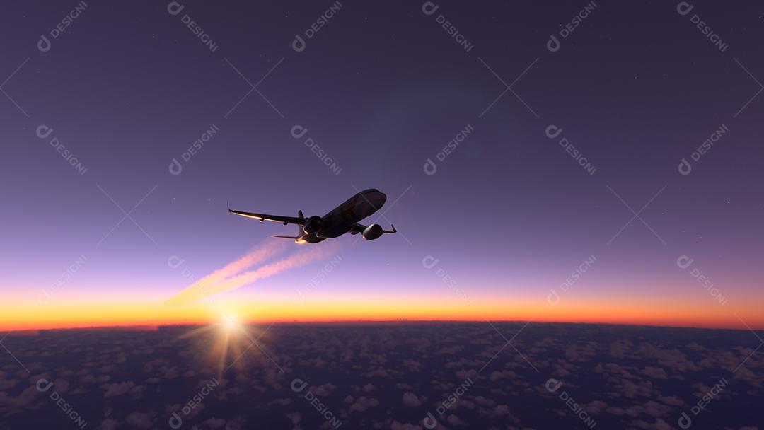 AirBus a320 TAP Air Portugal voando sobre o pôr do sol incrível, ilustração 3D