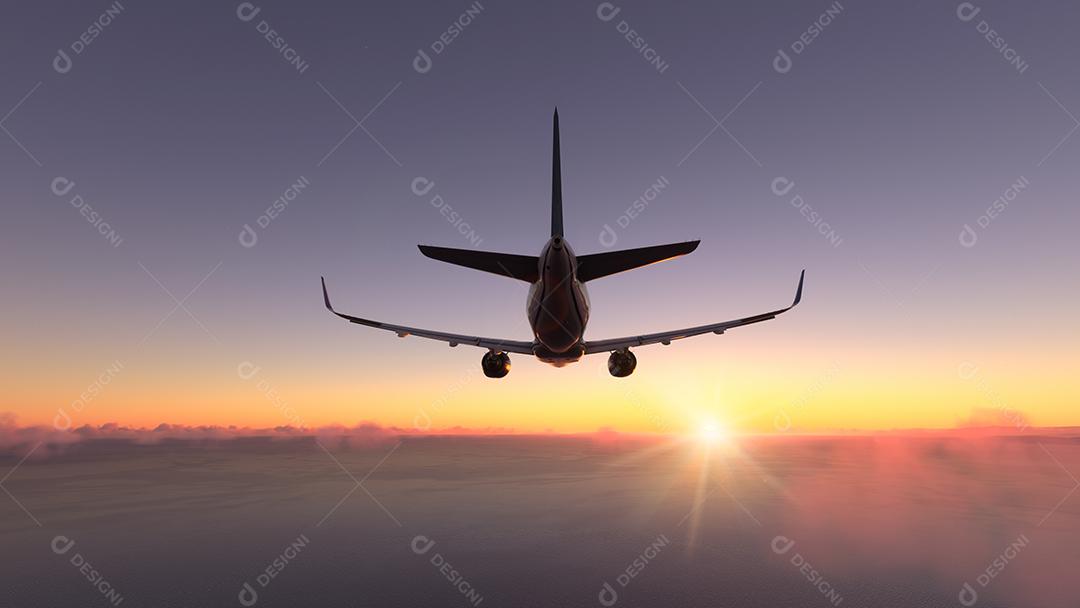 AirBus a320 TAP Air Portugal voando sobre o pôr do sol incrível, ilustração 3D