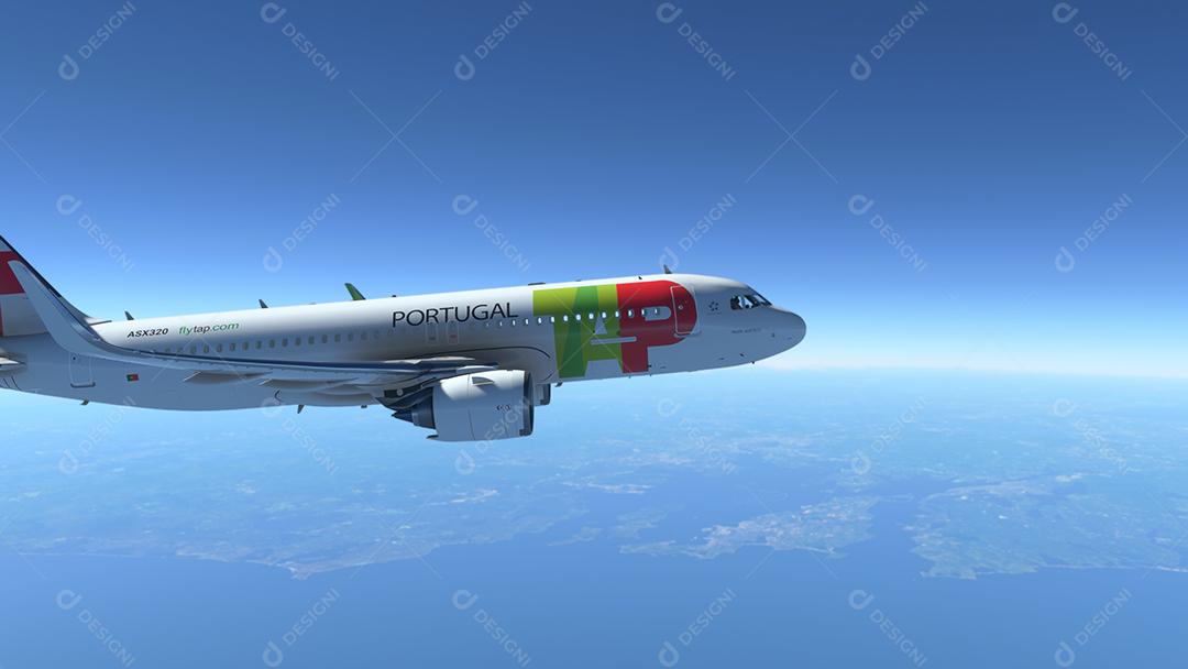 AirBus a320 TAP Air Portugal voando sobre o pôr do sol incrível, ilustração 3D