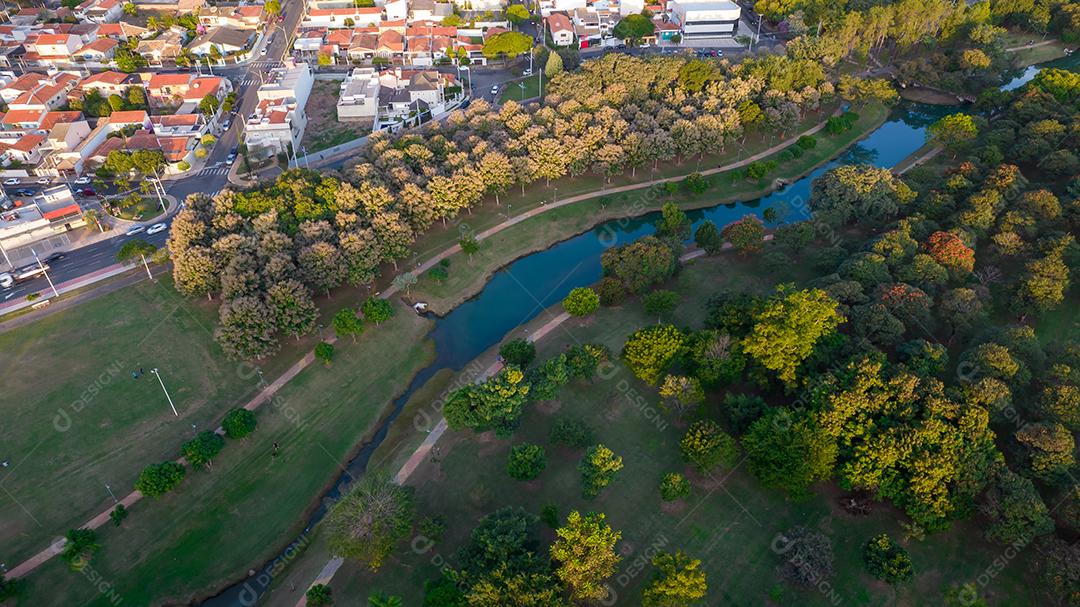 Indaiatuba Ecological Park. Beautiful park in the city center with trees and houses. aerial view