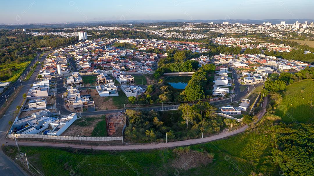 beautiful modern houses in a gated community in Indaiatuba, São Paulo, Brazil. Residential houses. aerial view.
