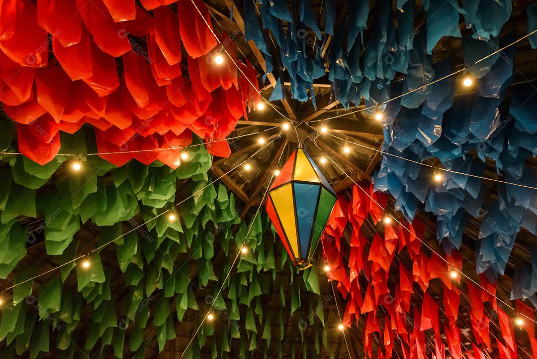 Colored flags and decorative balloon for the São João festival, which takes place in June in northeastern Brazil.