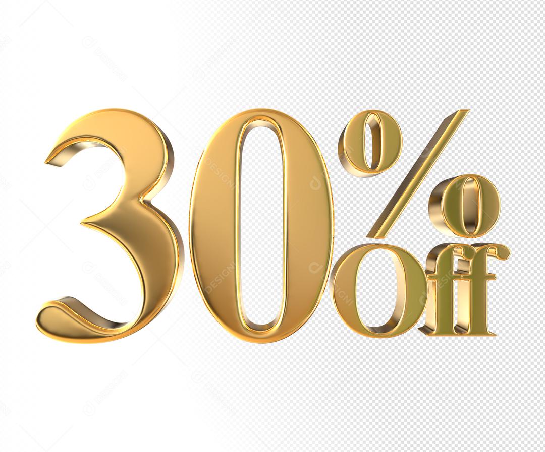 Número 3D 30% Off Dourado Elemento Para Composição PSD