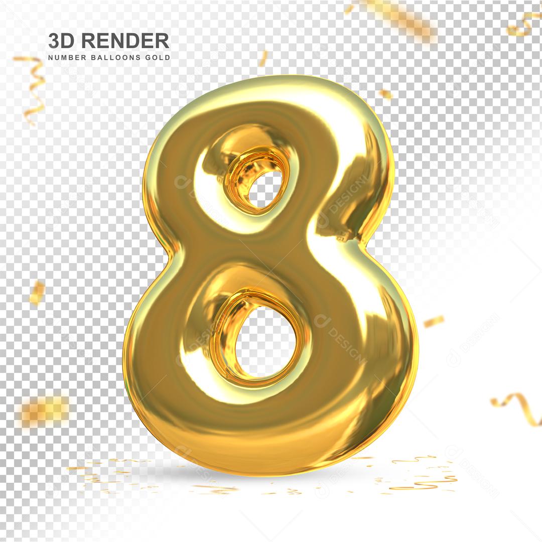 Número 3D 8 Dourado Para composição PSD