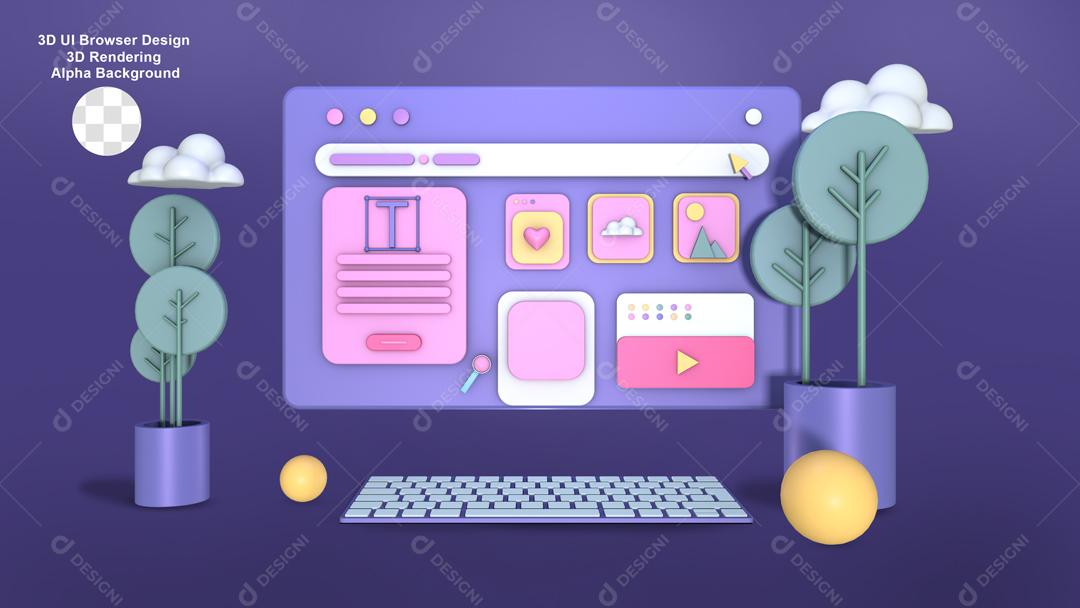 Computador de Interface de Usuário Elemento 3D Roxo para Composição PSD