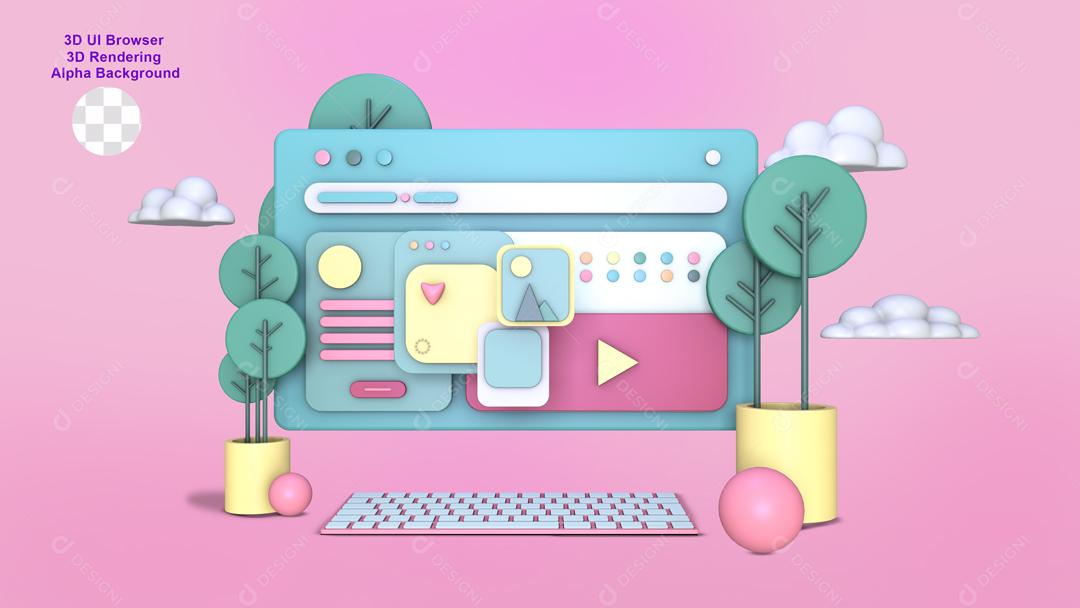 Elemento 3D Computador de Interface de Usuário Rosa para Composição PSD