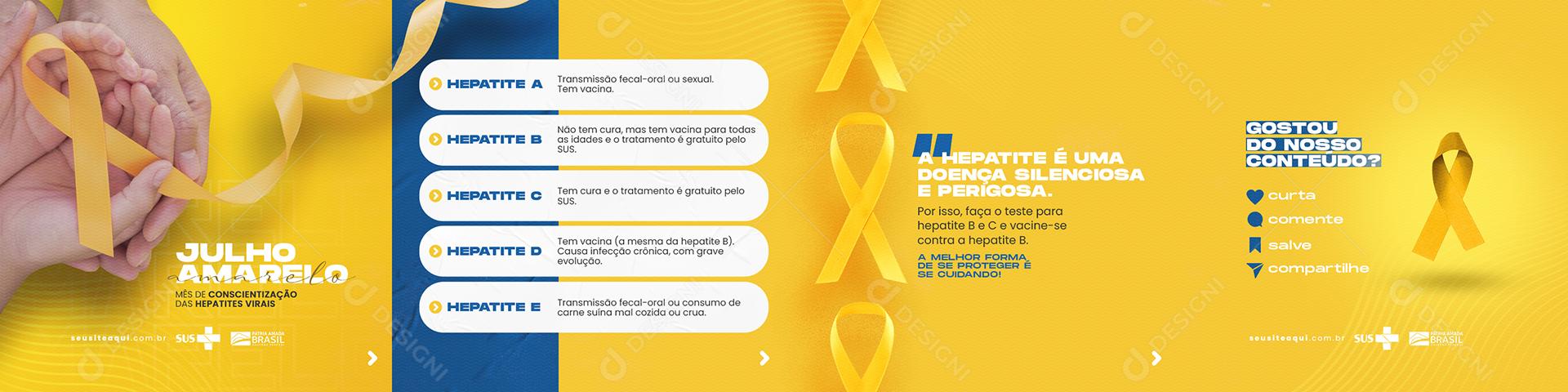 Social Media Mês de Conscientização das Hepatites Virais Carrossel Julho Amarelo PSD Editável