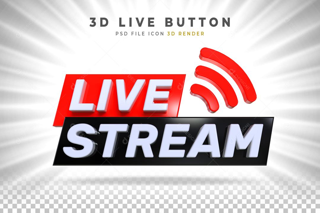 Selo 3D Live Stream Vermelho e Preto para Composição PSD