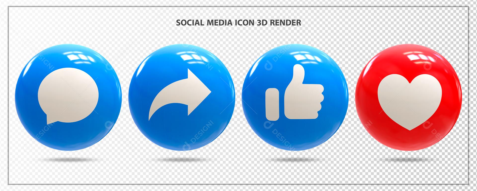 Ícones 3D De Redes Sociais Mensagem Compartilhamento Like Coração  para Composição PSD
