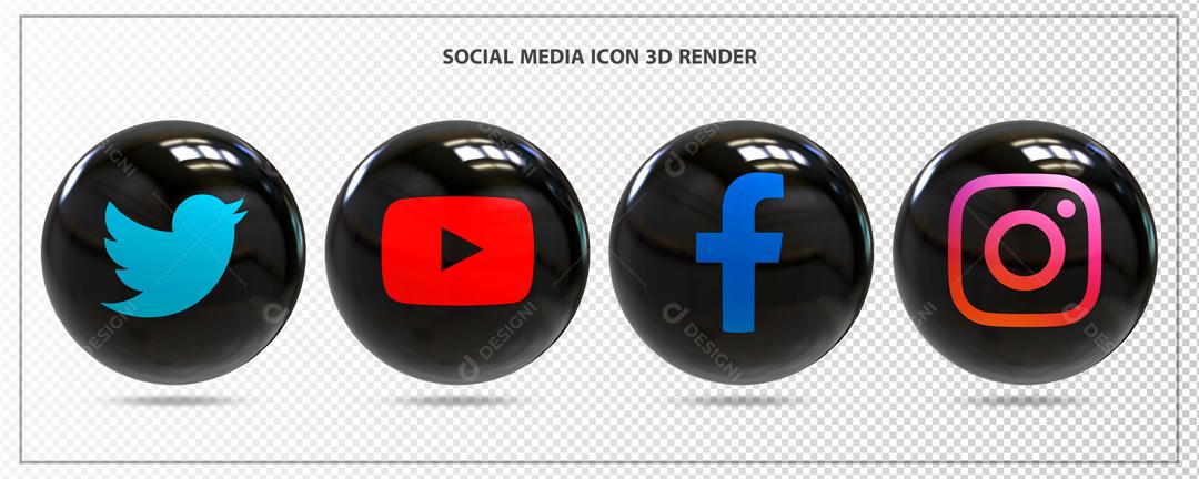 Ícones 3D De Redes Sociais Twitter Youtube Facebook e Instagram para Composição PSD