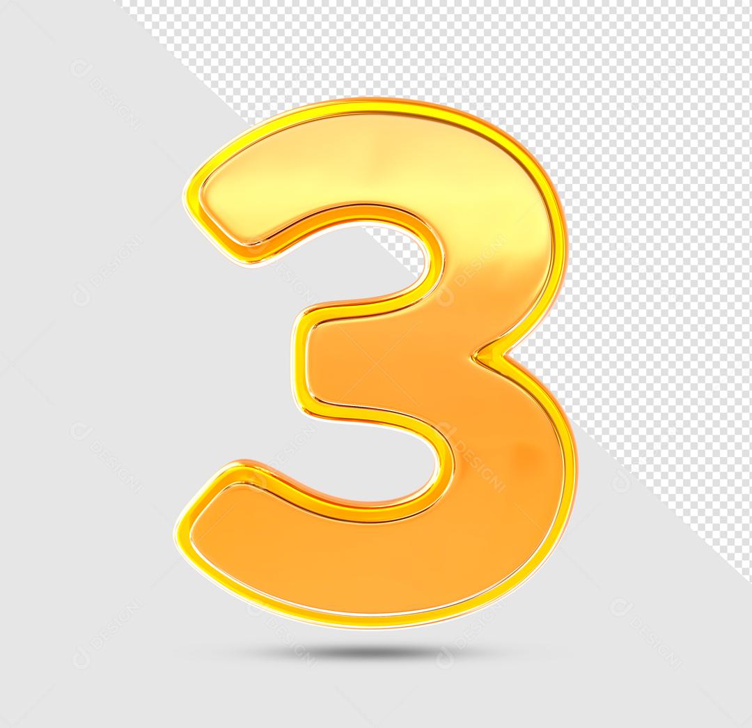 Número 3D 3 Laranjado com Textura Dourada Para composição PSD