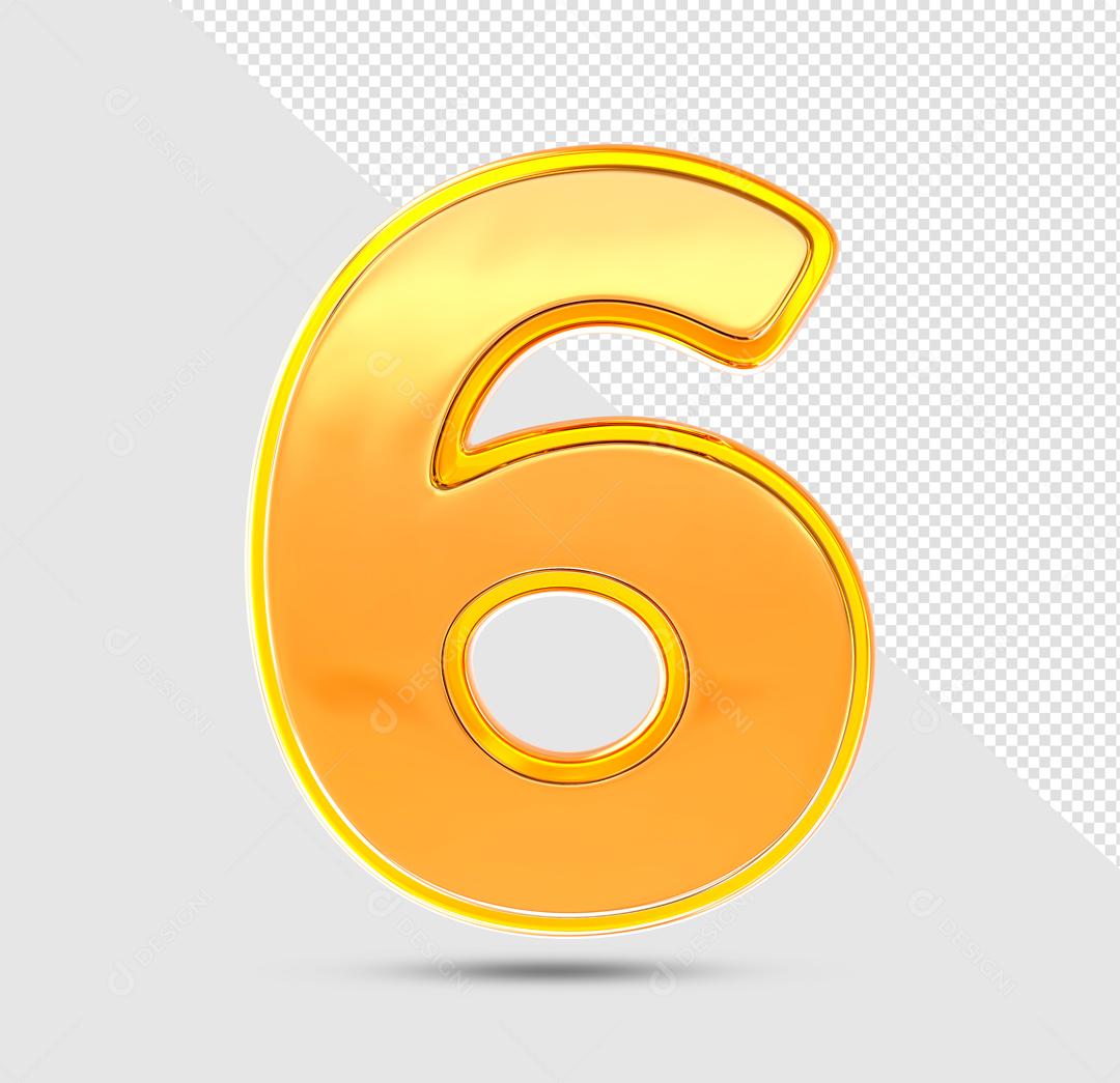 Número 3D 6 Laranjado com Textura Dourada Para composição PSD