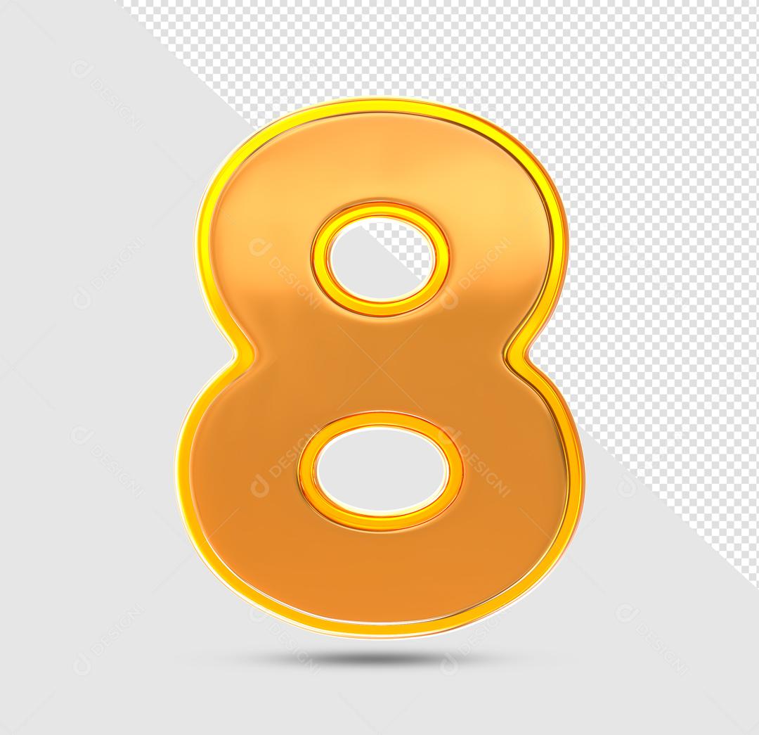 Número 3D 8 Laranjado com Textura Dourada Para composição PSD