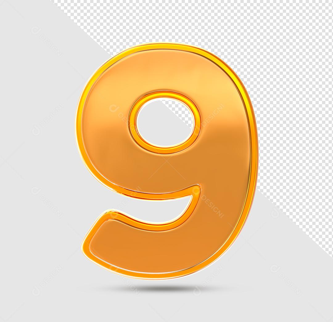 Número 3D 9 Laranjado com Textura Dourada Para composição PSD