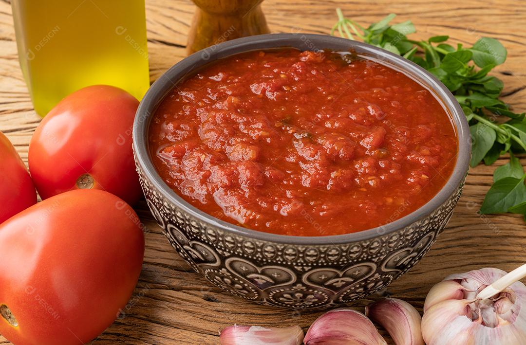Molho de tomate, tomate, alho, azeite e ervas sobre a mesa de madeira.