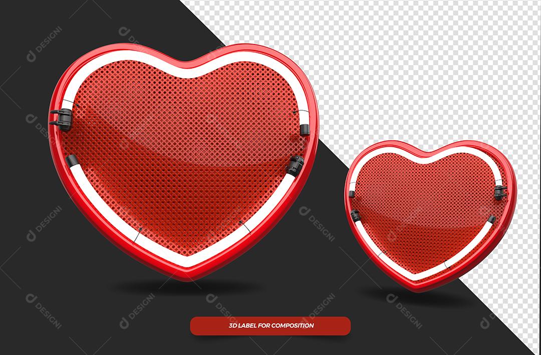 Coração 3D Vermelho com Luz Neon Elemento para Composição PSD
