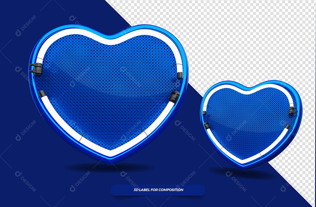 Coração 3D Azul com Luz Neon Elemento para Composição PSD