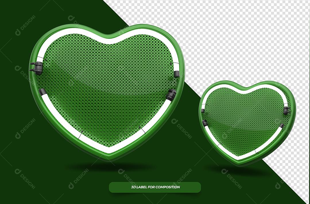 Coração 3D Verde com Luz Neon Elemento para Composição PSD