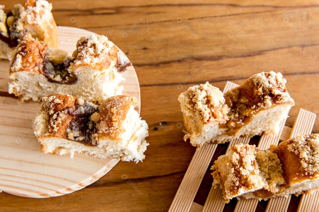 Traditional Brazilian cuca stuffed with dulce de leche.