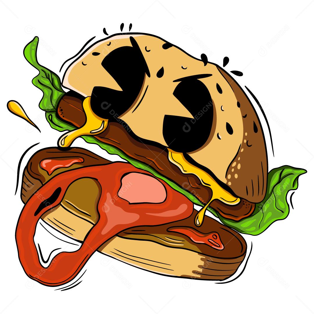 Ilustração com estilo retrô de um hambúrguer com raiva VETOR EPS