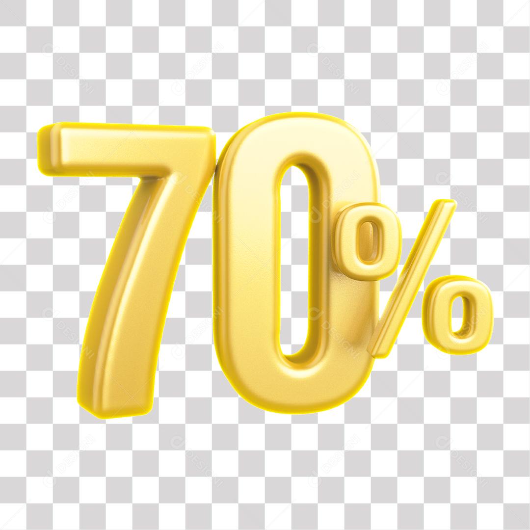 Número 3D 70% Dourado Para Composição PNG Transparente Sem Fundo