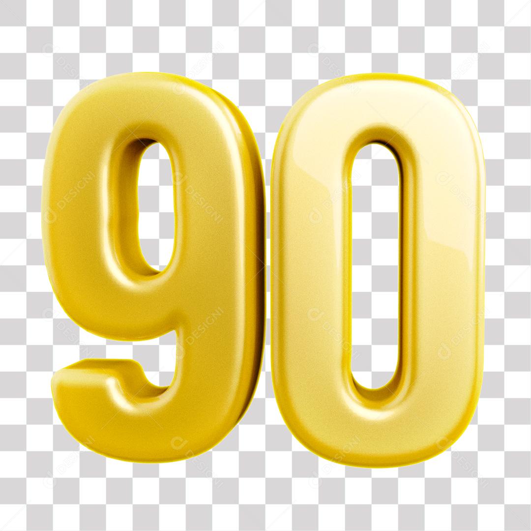 Número 3D 90 Dourado para Composição PNG Transparente Sem Fundo