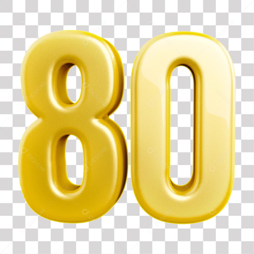 Número 3D 80 Dourado para Composição PNG Transparente Sem Fundo