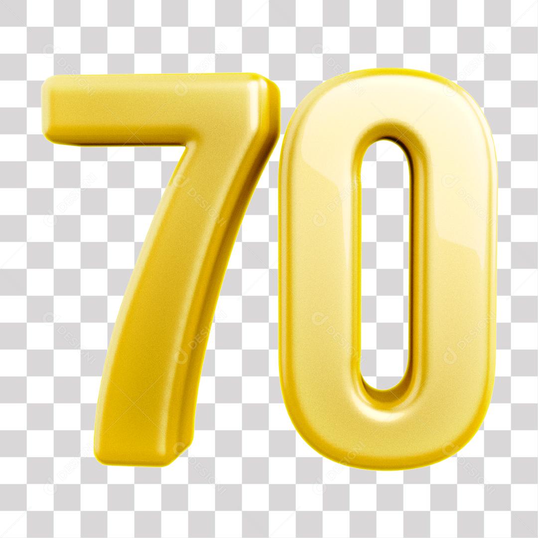 Número 3D 70 Dourado para Composição PNG Transparente Sem Fundo
