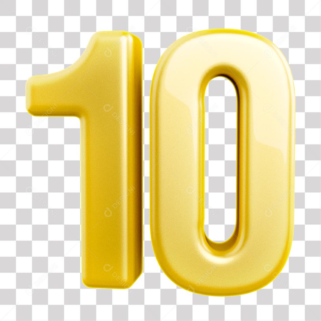 Número 3D 10 Dourado para Composição PNG Transparente Sem Fundo