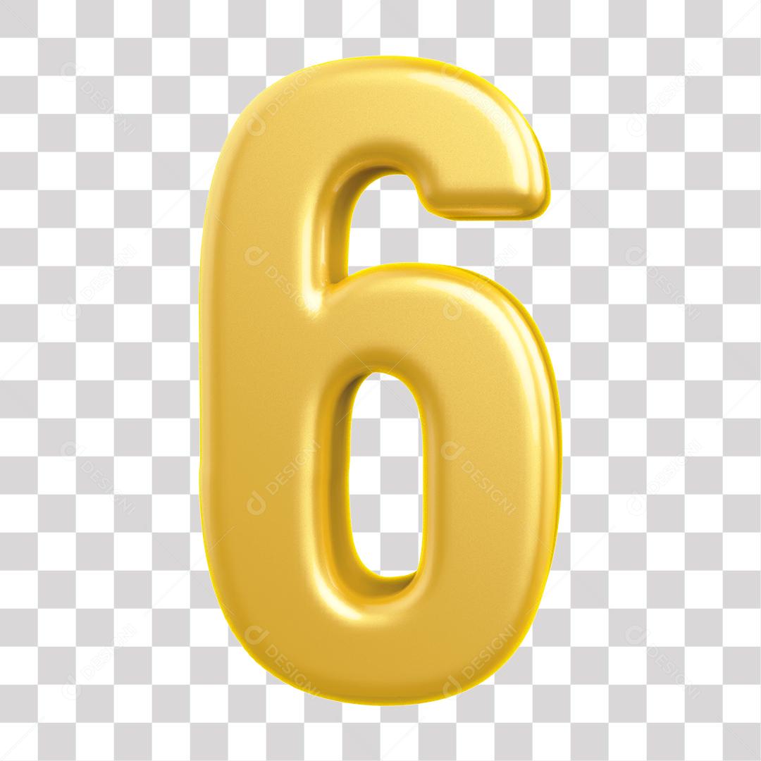 Número 3D 6 Dourado para Composição PNG Transparente Sem Fundo