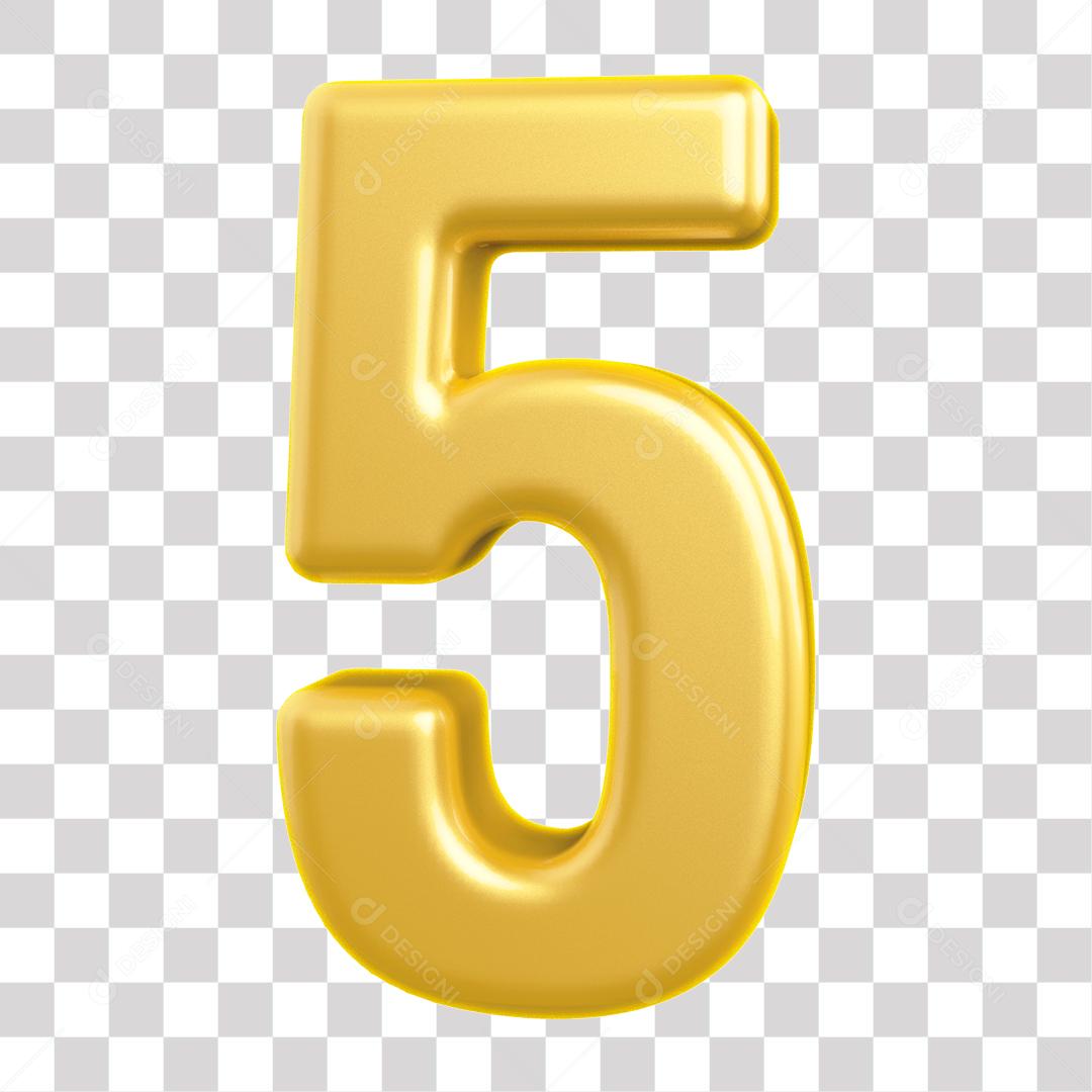 Número 3D 5 Dourado para Composição PNG Transparente Sem Fundo