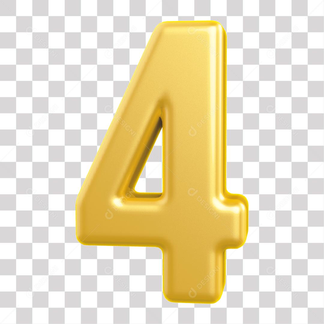 Número 3D 4 Dourado para Composição PNG Transparente Sem Fundo