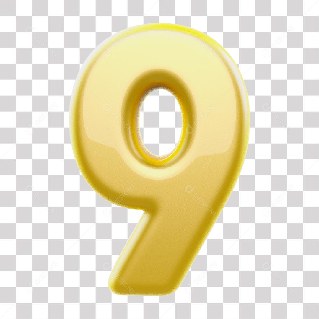 Número 3D 9 Dourado para Composição PNG Transparente Sem Fundo