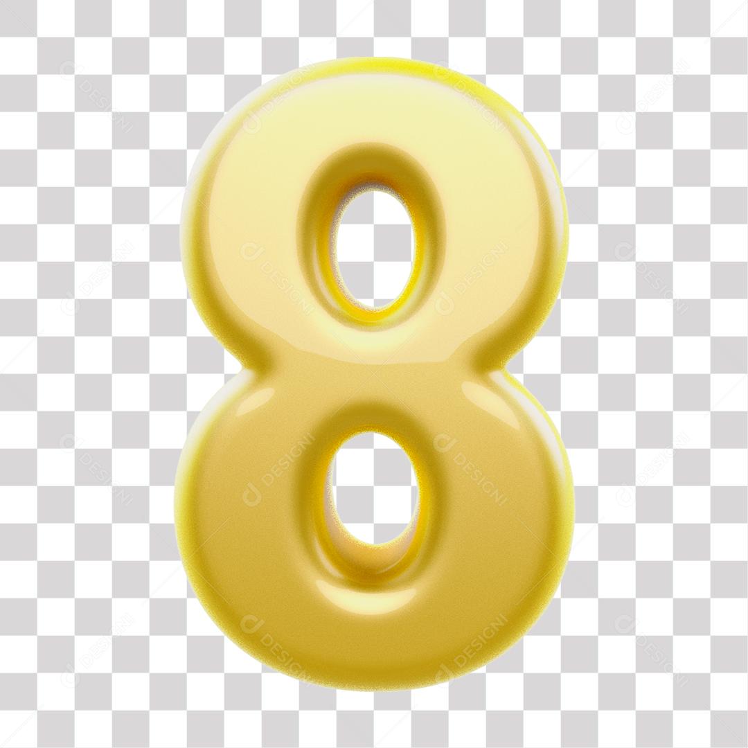 Número 3D 8 Dourado para Composição PNG Transparente Sem Fundo
