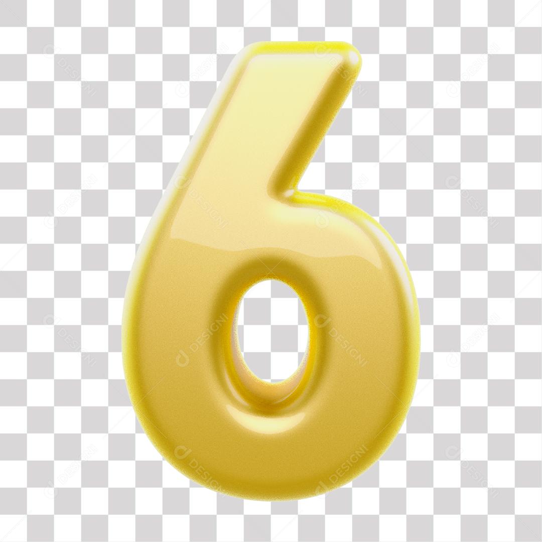 Número 3D 6 Dourado para Composição PNG Transparente Sem Fundo