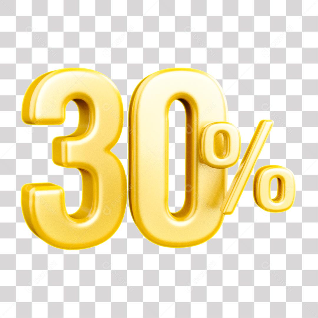 Número 3D 30% Dourado Elemento Para Composição PNG Transparente Sem Fundo