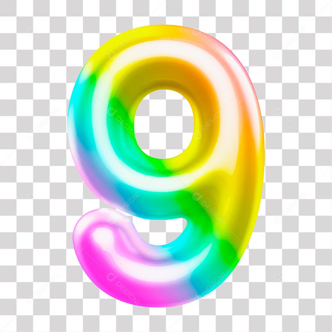 Número 3D 9 Arco Íris para Composição PNG Transparente Sem Fundo