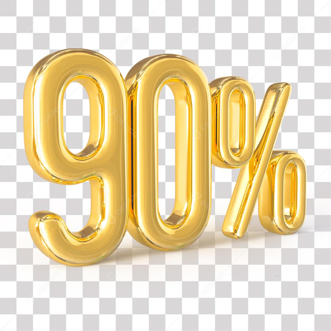 Número 3D 90% Dourado Para Composição PNG Transparente Sem Fundo