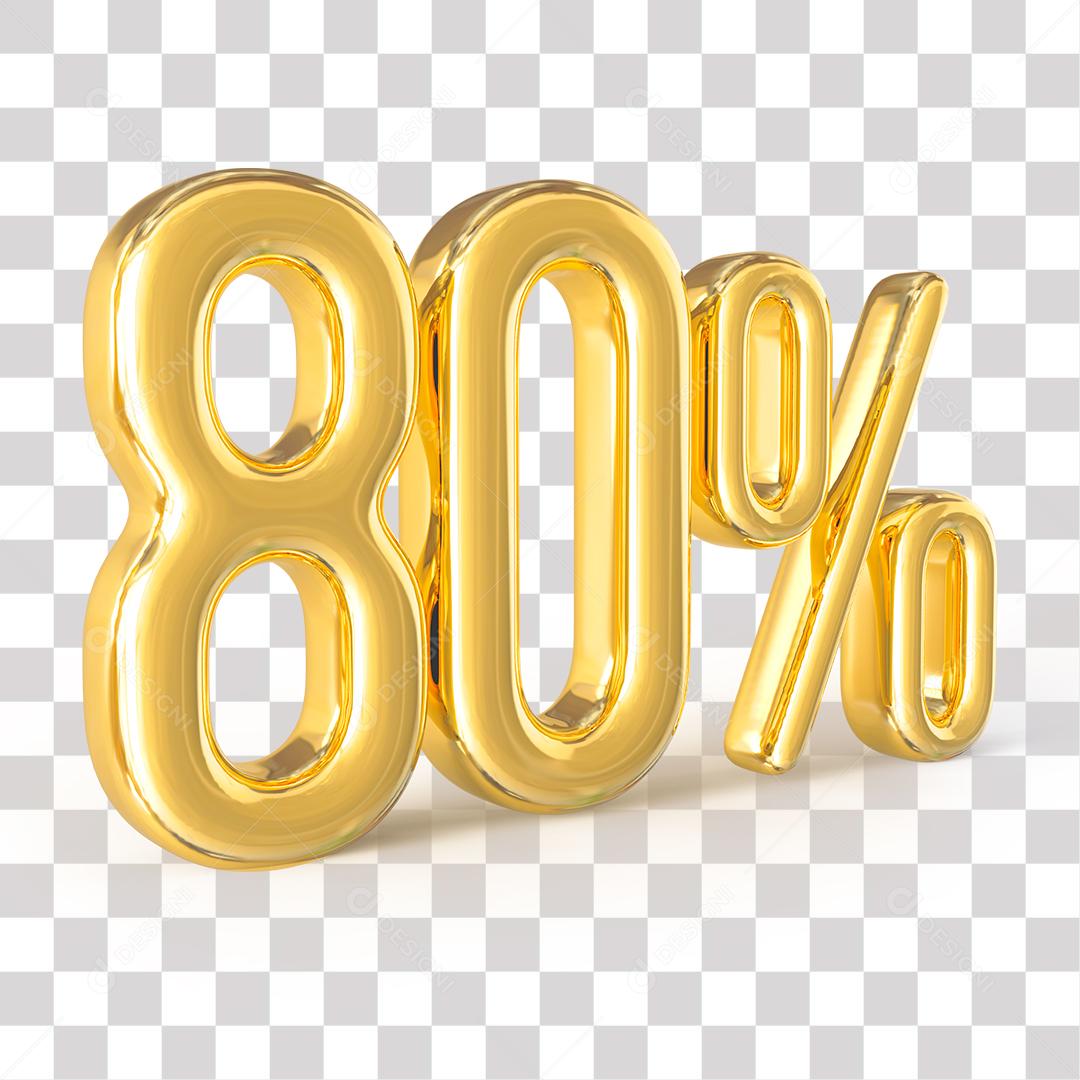 Número 3D 80% Dourado Para Composição PNG Transparente Sem Fundo