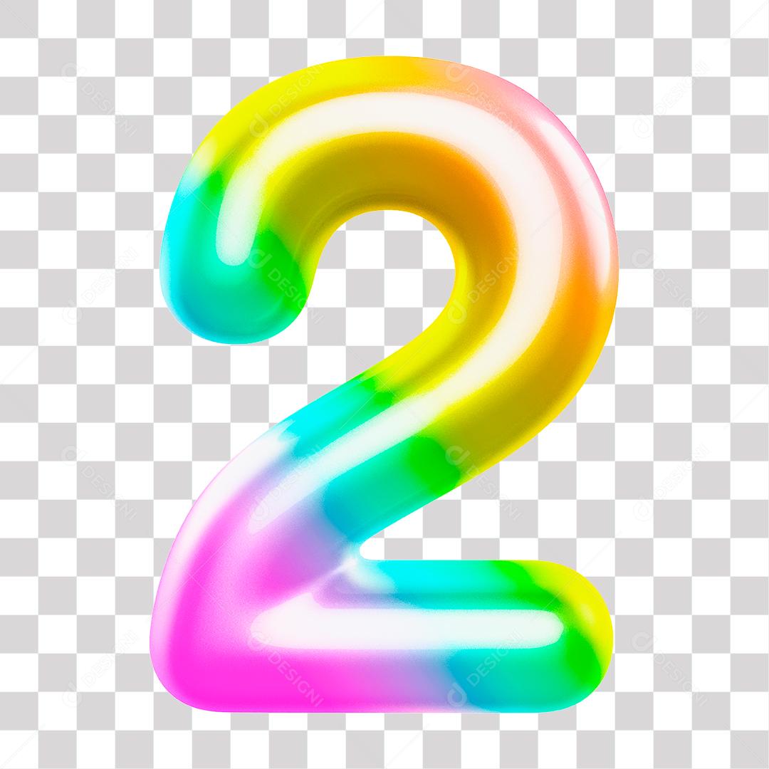 Número 3D 2 Arco Íris para Composição PNG Transparente Sem Fundo